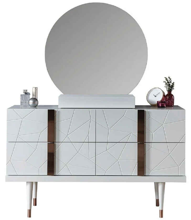 Casa Padrino Luxus Schlafzimmer Kommode mit Wandspiegel Weiß / Kupferfarben - Eleganter Massivholz Schrank mit Spiegel - Luxus Schlafzimmer Möbel