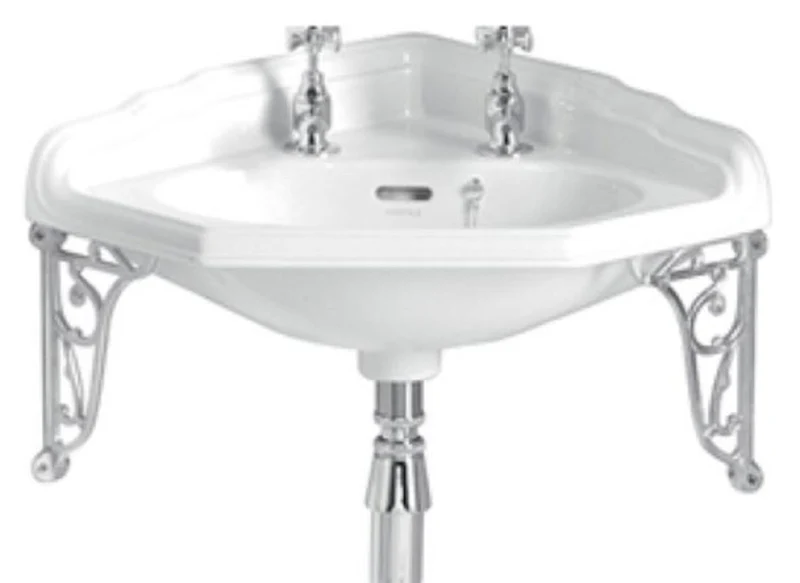 Casa Padrino Luxus Jugendstil Eckwaschbecken Weiß / Silber 63,5 x 49,5 x H. 23 cm - Porzellan 2-Loch Waschbecken mit Wandhalterung - Badezimmer Möbel