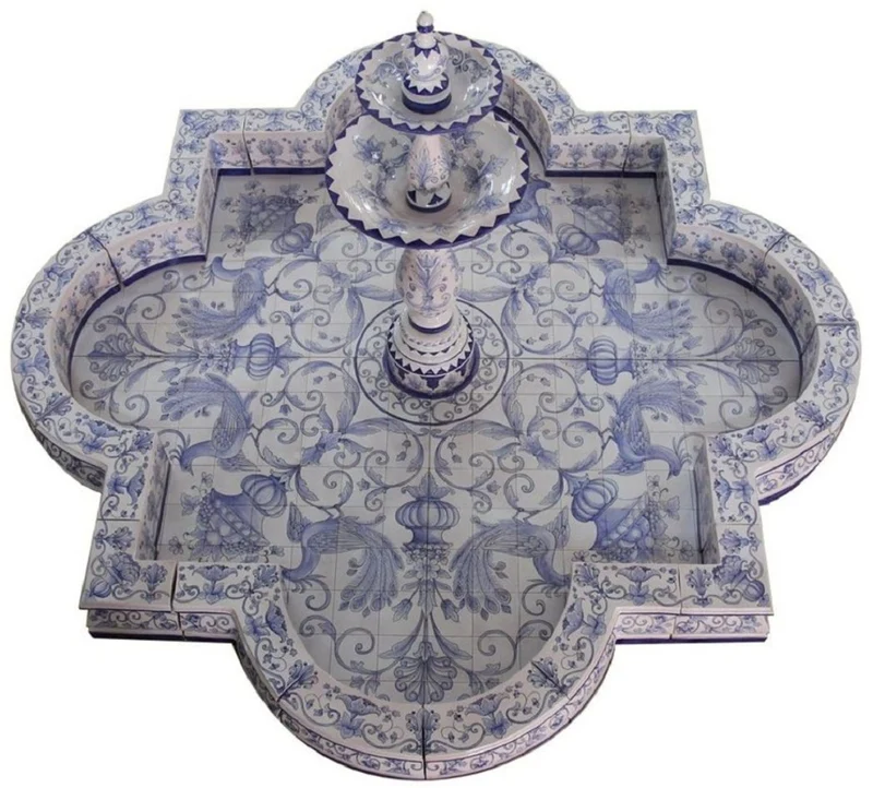 Casa Padrino Luxus Jugendstil Springbrunnen Weiß / Blau 300 x 300 x H. 155 cm - Handgefertigter & Handbemalter Keramik Gartenbrunnen - Barock & Jugendstil Garten Deko Accessoires