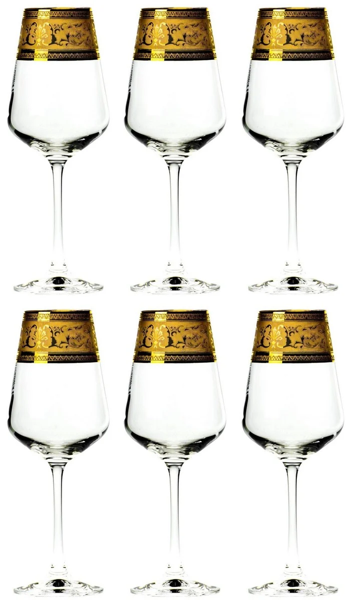Casa Padrino Luxus Barock Rotweinglas 6er Set Gold Ø 8,5 x H. 24 cm - Handgefertigte und handgravierte Weingläser - Hotel & Restaurant Accessoires - Luxus Qualität