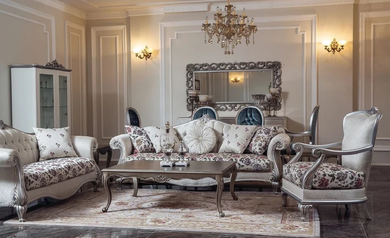 Casa Padrino Luxus Barock Sessel Creme / Beige / Silber 77 x 66 x H. 108 cm - Edler Wohnzimmer Sessel mit Blumenmuster - Barock Wohnzimmer Möbel