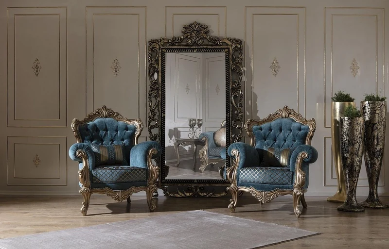 Casa Padrino Luxus Barock Sessel Blau / Gold 97 x 90 x H. 115 cm - Wohnzimmer Sessel mit elegantem Muster und dekorativem Kissen - Barock Wohnzimmer Möbel