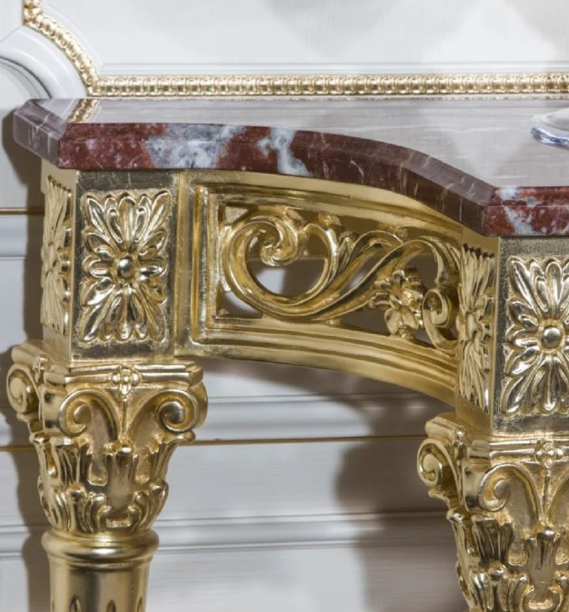 Casa Padrino Luxus Barock Konsole Gold / Rot 200 x 48 x H. 93 cm - Prunkvoller handgeschnitzter Konsolentisch mit Marmorplatte - Hotel Restaurant Schloss Möbel - Luxus Qualität - Made in Italy