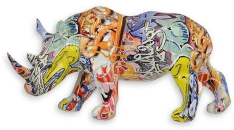 Casa Padrino Designer Kunstharz Dekofigur Nashorn Bunt 31,9 x 13 x H. 16,8 cm - Wohnzimmer Deko Skulptur - Deko Accessoires