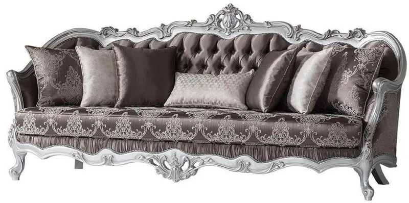 Casa Padrino Luxus Barock Sofa Bronzefarben / Silber 262 x 90 x H. 113 cm - Prunkvolles Wohnzimmer Sofa mit dekorativen Kissen - Barock Möbel
