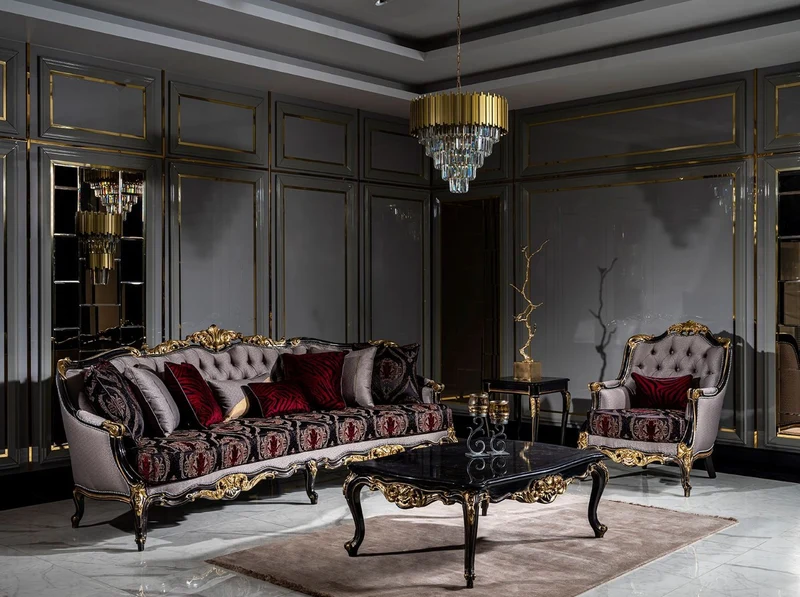 Casa Padrino Luxus Barock Sofa Silber / Bordeauxrot / Schwarz / Gold - Handgefertigtes Wohnzimmer Sofa mit elegantem Muster und dekorativen Kissen - Wohnzimmer Möbel im Barockstil