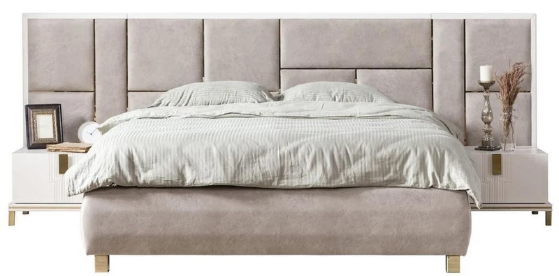 Casa Padrino Luxus Massivholz Schlafzimmer Set Grau / Weiß / Gold - 1 Doppelbett mit Kopfteil & 2 Nachttische - Luxus Schlafzimmer Möbel