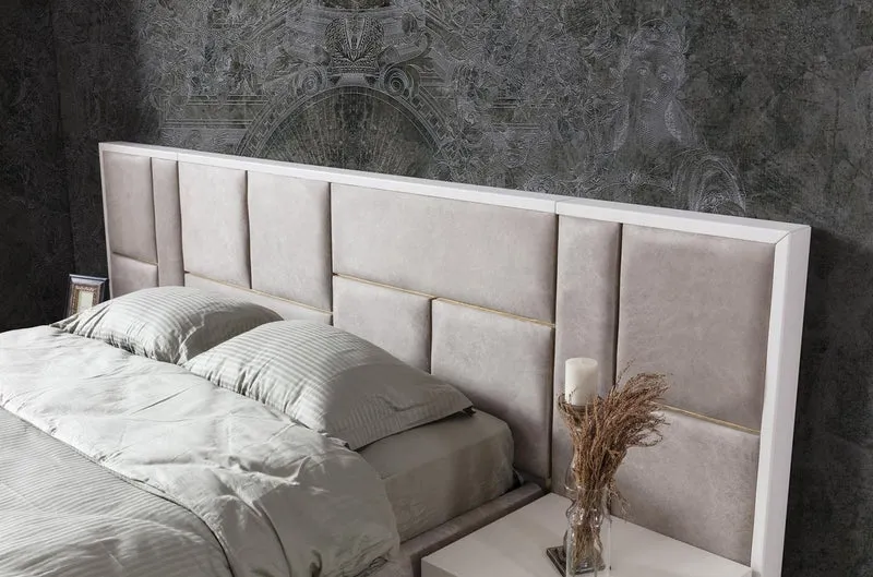 Casa Padrino Luxus Massivholz Schlafzimmer Set Grau / Weiß / Gold - 1 Doppelbett mit Kopfteil & 2 Nachttische - Luxus Schlafzimmer Möbel