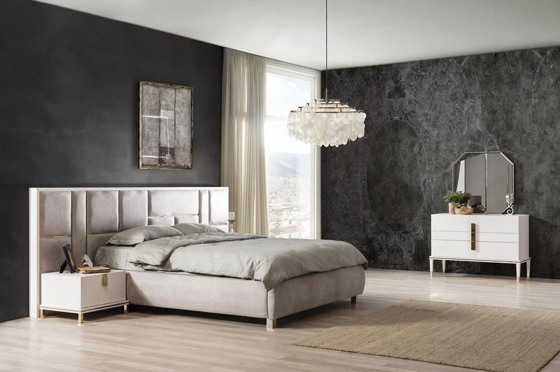 Casa Padrino Luxus Massivholz Schlafzimmer Set Grau / Weiß / Gold - 1 Doppelbett mit Kopfteil & 2 Nachttische - Luxus Schlafzimmer Möbel