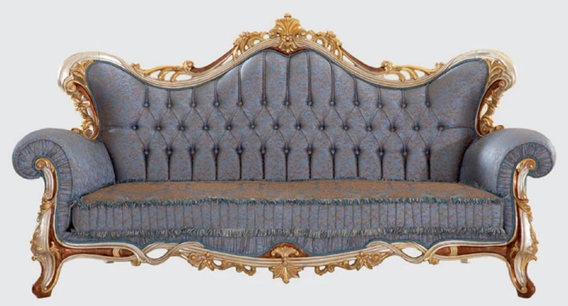 Casa Padrino Luxus Barock Sofa Blau / Kupfer / Silber / Braun / Gold 255 x 100 x H. 128 cm - Prunkvolles Wohnzimmer Sofa mit elegantem Muster - Möbel im Barockstil