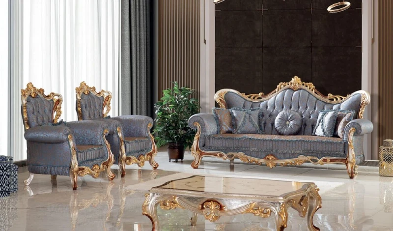 Casa Padrino Luxus Barock Sofa Blau / Kupfer / Silber / Braun / Gold 255 x 100 x H. 128 cm - Prunkvolles Wohnzimmer Sofa mit elegantem Muster - Möbel im Barockstil