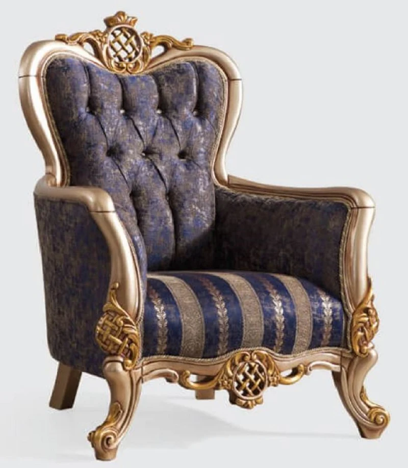 Casa Padrino Luxus Barock Sessel Blau / Silber / Gold 95 x 75 x H. 120 cm - Prunkvoller Wohnzimmer Sessel mit elegantem Muster - Barock Möbel