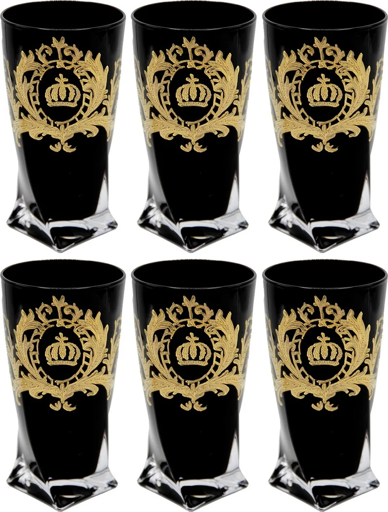 Pompöös by Casa Padrino Luxus Wasserglas Set Schwarz / Gold Ø 8 x H. 13,5 cm - Wassergläser mit 24 Karat Vergoldung - Pompööse Gläser designed by Harald Glööckler