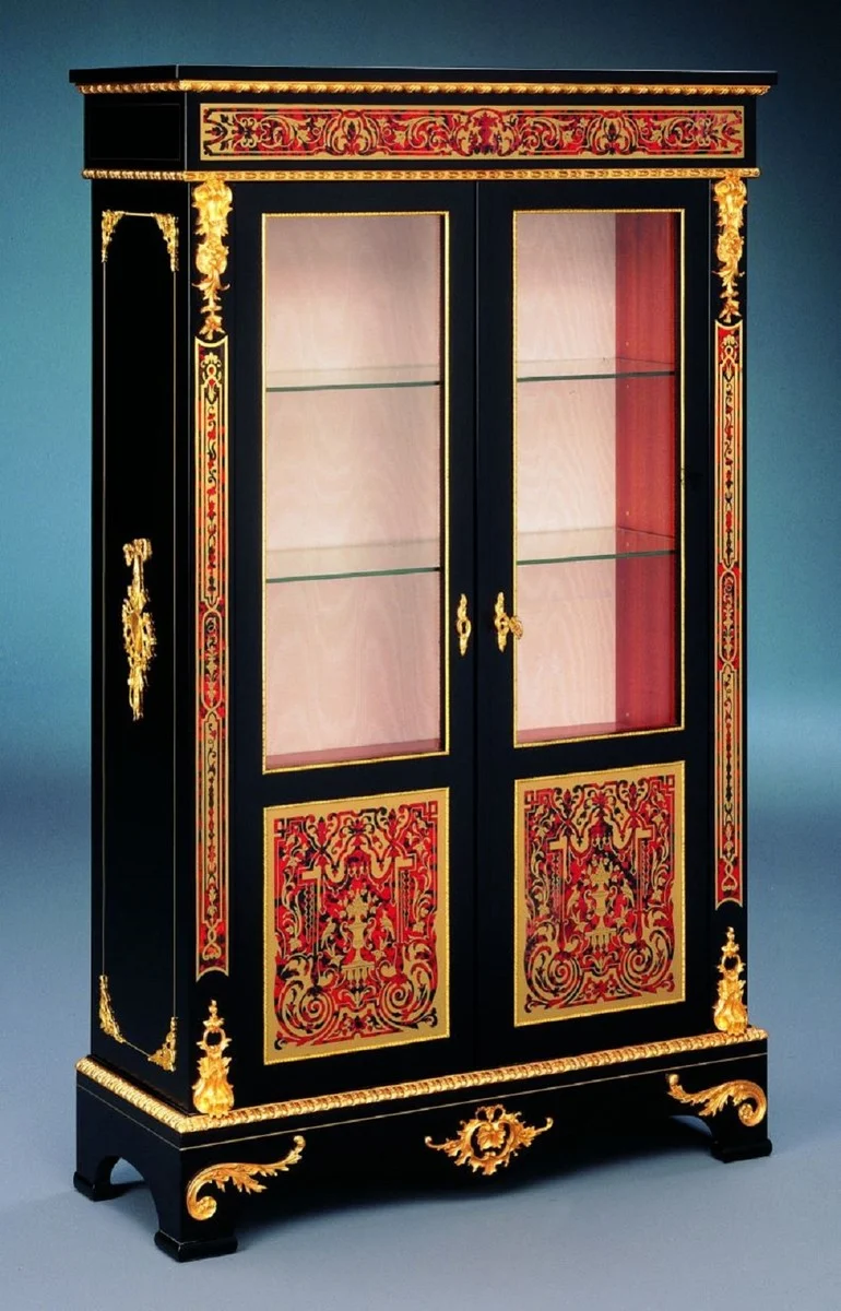 Casa Padrino Luxus Barock Boulle Vitrine Schwarz / Rot / Gold 93 x 35 x H. 152 cm - Handgefertigter Massivholz Vitrinenschrank mit 2 Türen - Edle Barock Möbel