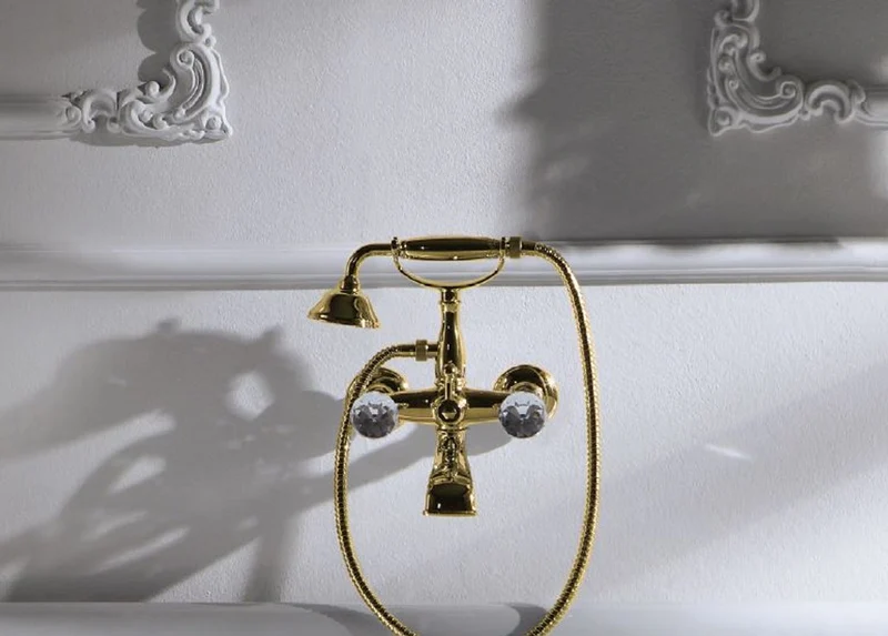 Casa Padrino Luxus Jugendstil Badarmatur mit Schlauch und Handbrause Gold - Badewannen Armatur mit Swarovski Kristallglas - Nostalgisches Bad Zubehör - Wannenbatterie