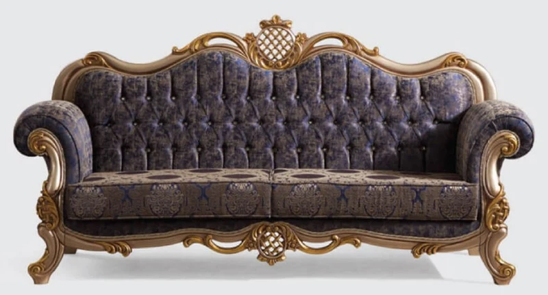 Casa Padrino Luxus Barock Sofa Blau / Silber / Gold 230 x 85 x H. 120 cm - Prunkvolles Wohnzimmer Sofa mit elegantem Muster - Möbel im Barockstil