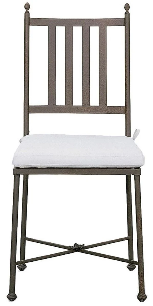 Casa Padrino Luxus Jugendstil Gartenstuhl mit Sitzkissen Braun / Weiß 42 x 45 x H. 103 cm - Handgeschmiedeter Esszimmer Stuhl - Esszimmer Garten Terrassen Möbel