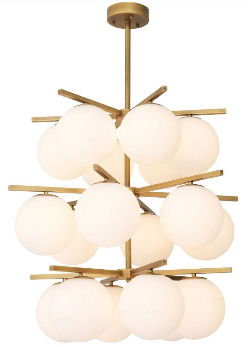 Casa Padrino Luxus Kronleuchter Antik Messingfarben / Weiß Ø 68 x H. 80 cm - Moderner Metall Kronleuchter mit runden Glas Lampenschirmen - Luxus Kollektion