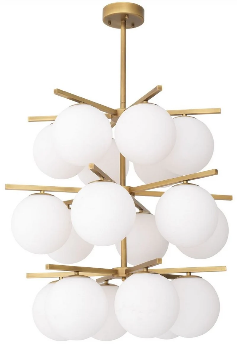 Casa Padrino Luxus Kronleuchter Antik Messingfarben / Weiß Ø 68 x H. 80 cm - Moderner Metall Kronleuchter mit runden Glas Lampenschirmen - Luxus Kollektion