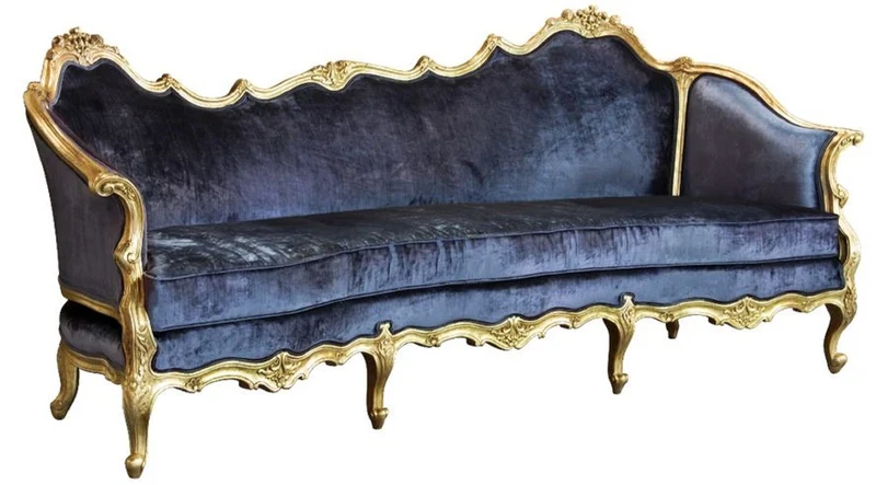 Casa Padrino Luxus Barock Samt Sofa Blau / Gold - Edles Handgefertigtes Wohnzimmer Sofa im Barockstil - Barock Wohnzimmer Möbel - Edel & Prunkvoll