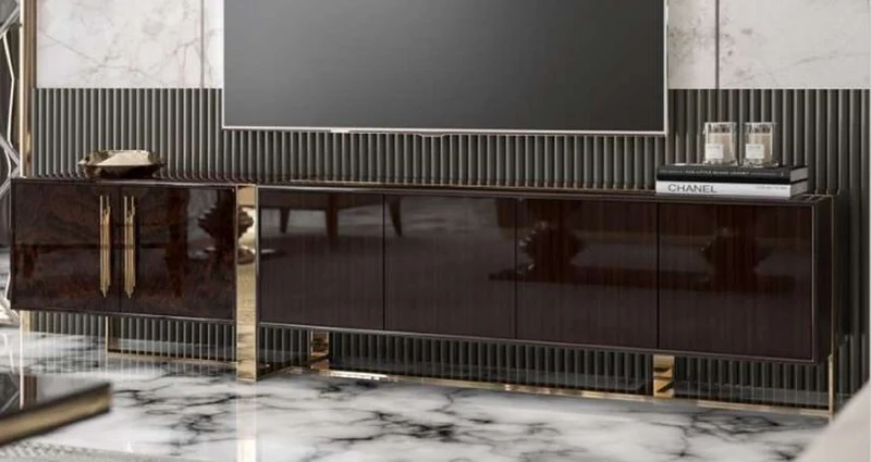 Casa Padrino Luxus Art Deco TV Schrank Dunkelbraun Hochglanz / Gold - Edler Wohnzimmer Fernsehschrank mit 6 Türen - Art Deco Möbel
