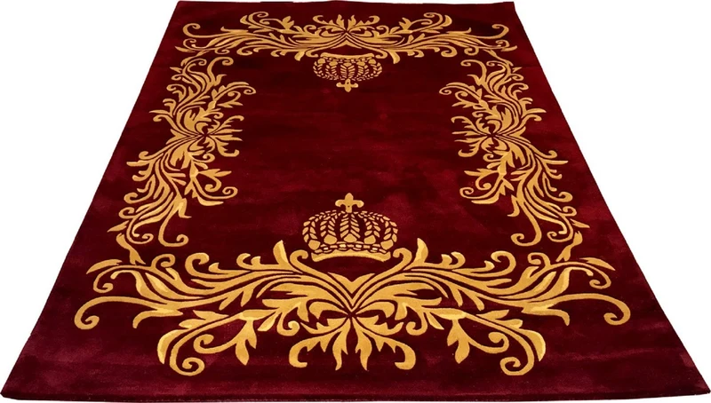 Pompöös by Casa Padrino Luxus Teppich von Harald Glööckler - ALLE GRÖßEN - Krone Bordeauxrot / Gold - Barock Design Teppich - Handgewebt aus Wolle