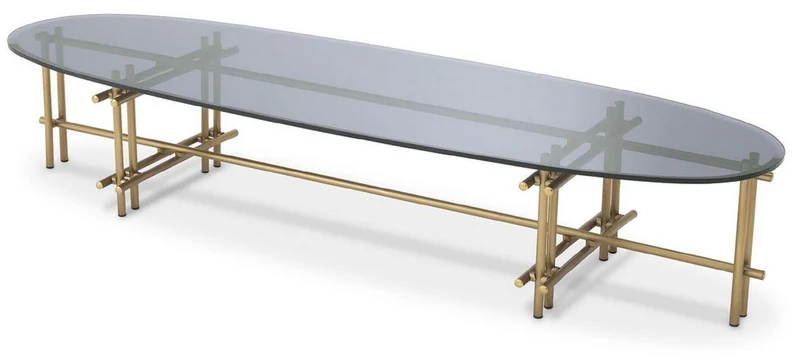Casa Padrino Luxus Couchtisch Messingfarben / Grau 159 x 50 x H. 30 cm - Edelstahl Wohnzimmertisch mit Glasplatte - Wohnzimmer Möbel - Luxus Qualität
