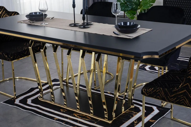 Casa Padrino Luxus Esszimmer Möbel Set Schwarz / Gold - 1 Esszimmertisch & 6 Esszimmerstühle - Luxus Esszimmer Möbel