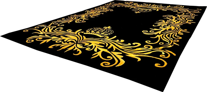 Pompöös by Casa Padrino Luxus Teppich von Harald Glööckler 160 x 230 cm Krone Schwarz / Gold - Barock Design Teppich - Handgewebt aus Wolle