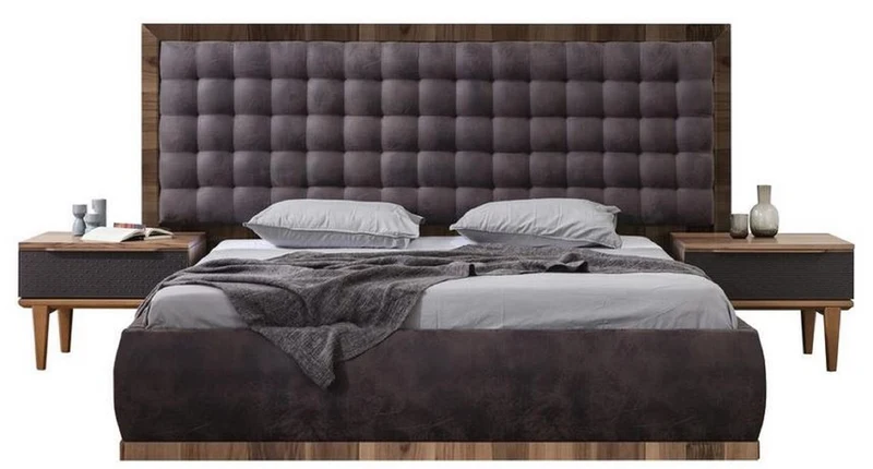 Casa Padrino Luxus Massivholz Schlafzimmer Set Grau / Braun - 1 Doppelbett mit Kopfteil & 2 Nachttische - Luxus Schlafzimmer Möbel