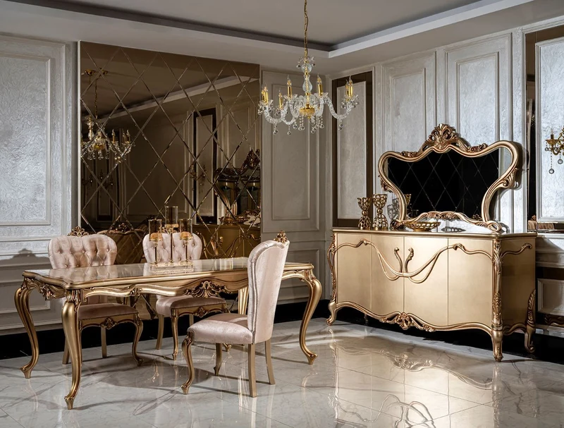 Casa Padrino Luxus Barock Esszimmer Set Weiß / Rosa / Gold - 1 Esstisch & 6 Esszimmerstühle - Edle Esszimmer Möbel im Barockstil