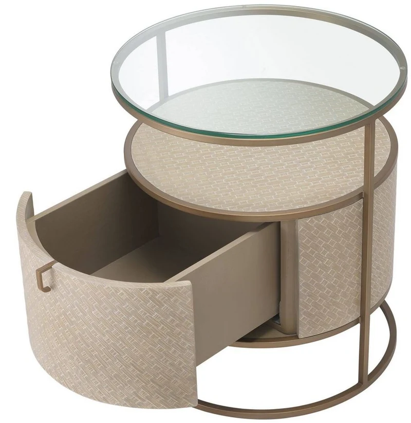 Casa Padrino Luxus Nachttisch Beige / Messingfarben Ø 50 x H. 56 cm - Runder Beistelltisch mit Schublade und Glasplatte - Luxus Schlafzimmermöbel