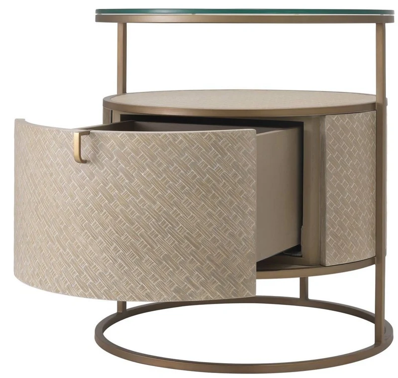 Casa Padrino Luxus Nachttisch Beige / Messingfarben Ø 50 x H. 56 cm - Runder Beistelltisch mit Schublade und Glasplatte - Luxus Schlafzimmermöbel