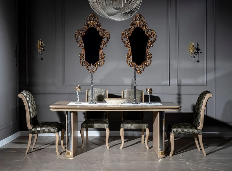 Casa Padrino Luxus Art Deco Esstisch Beige / Gold - Edler Massivholz Küchentisch - Art Deco Esszimmer Möbel