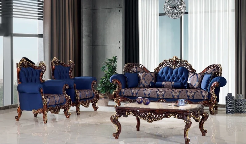 Casa Padrino Luxus Barock Sofa Blau / Dunkelbraun / Gold 270 x 100 x H. 122 cm - Prunkvolles Wohnzimmer Sofa mit elegantem Muster - Möbel im Barockstil