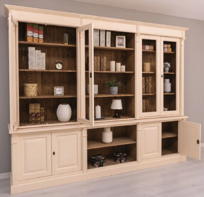 Casa Padrino Landhausstil Wohnzimmerschrank Cremefarben / Braun 286 x 51 x H. 228 cm - Massivholz Schrank - Bücherschrank - Regalschrank - Landhausstil Möbel