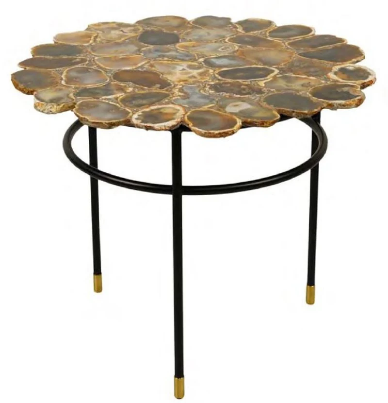 Casa Padrino Luxus Couchtisch Mehrfarbig / Schwarz / Messing Ø 60 x H. 50 cm - Wohnzimmertisch mit Achat Edelstein Tischplatte - Luxus Wohnzimmer Möbel