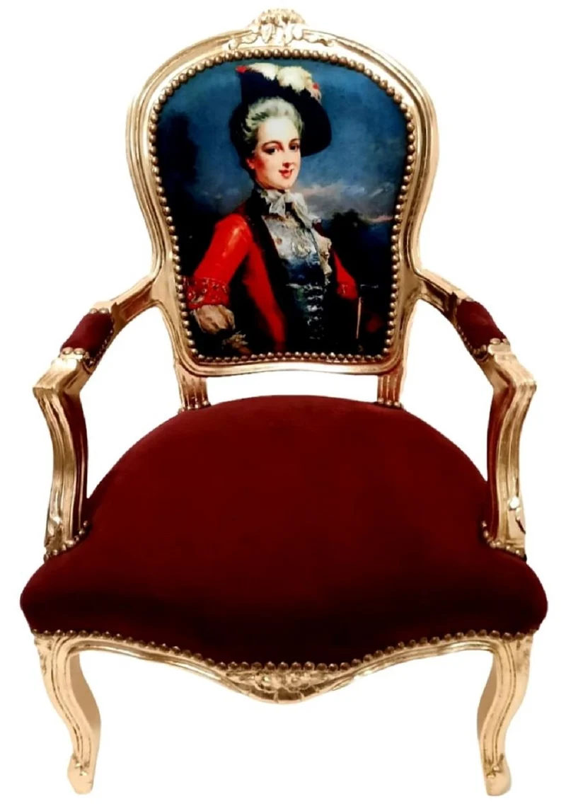 Casa Padrino Barock Salon Stuhl Dame Bordeauxrot / Gold - Handgefertigter Antik Stil Stuhl mit Armlehnen - Möbel im Barockstil