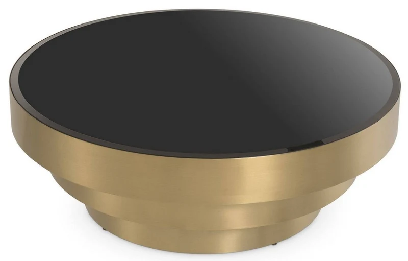 Casa Padrino Luxus Couchtisch Messingfarben / Schwarz Ø 100 x H. 36 cm - Moderner runder Edelstahl Wohnzimmertisch mit Glasplatte - Wohnzimmer Möbel - Luxus Möbel