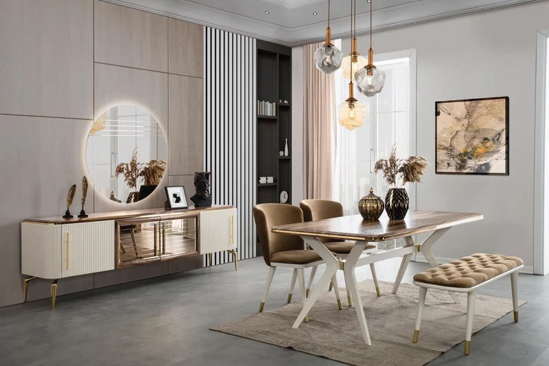 Casa Padrino Luxus Art Deco Esszimmer Set Braun / Weiß / Gold - 1 Esszimmertisch & 4 Esszimmerstühle & 1 Sitzbank - Art Deco Esszimmer Möbel