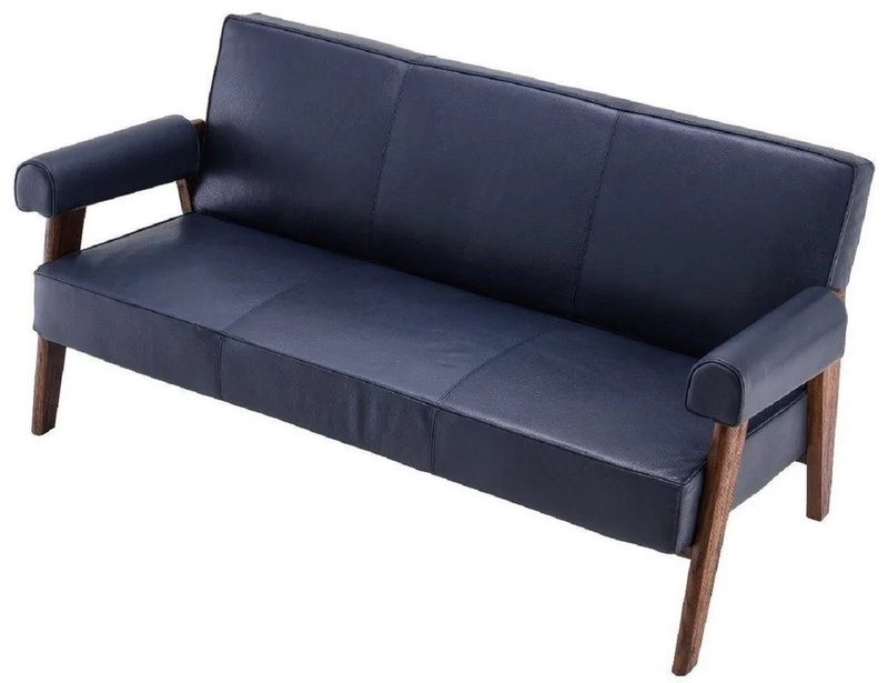 Casa Padrino Luxus Echtleder Sofa Blau / Braun 160 x 78 x H. 74 cm - Wohnzimmer Sofa mit edlem Büffelleder - Wohnzimmer Möbel - Luxus Kollektion