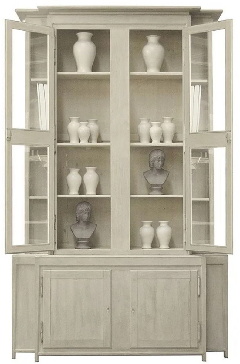 Casa Padrino Luxus Landhausstil Vitrine Grau 180 x 45 x H. 270 cm - Handgefertigter Vitrinenschrank - Massivholz Küchenschrank - Landhausstil Möbel