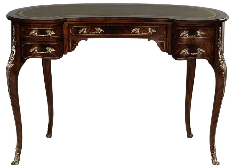 Casa Padrino Luxus Barock Schreibtisch Dunkelbraun / Silber / Grau / Gold - Handgefertigter Mahagoni Schreibtisch mit 5 Schubladen - Edle Barock Büro Möbel