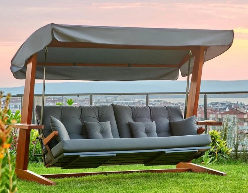 Casa Padrino Luxus Hollywoodschaukel Anthrazitgrau / Braun 260 cm - Moderne Wetterfeste Gartenschaukel mit Sonnendach & Bettfunktion