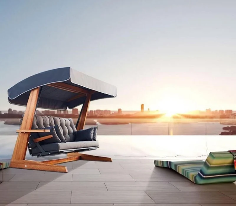 Casa Padrino Luxus Hollywoodschaukel Anthrazitgrau / Braun 260 cm - Moderne Wetterfeste Gartenschaukel mit Sonnendach & Bettfunktion