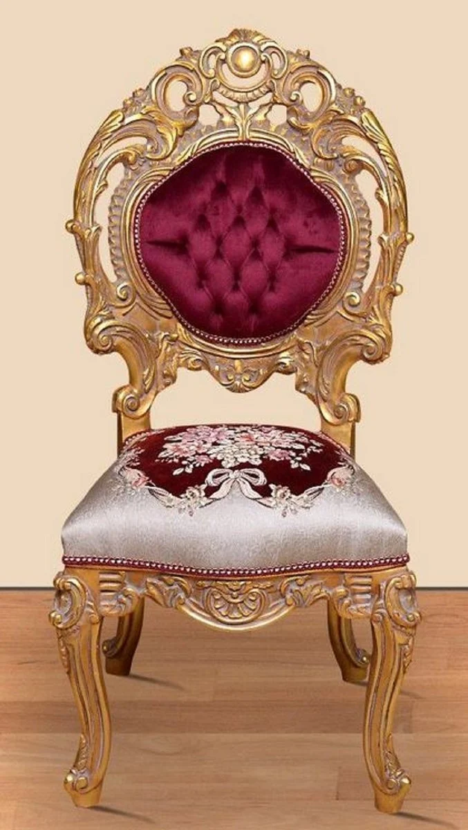 Casa Padrino Barock Esszimmerstuhl Bordeauxrot / Silber / Gold 60 x 50 x H. 120 cm - Prunkvoller Massivholz Küchenstuhl mit edlem Muster - Barock Esszimmer Möbel