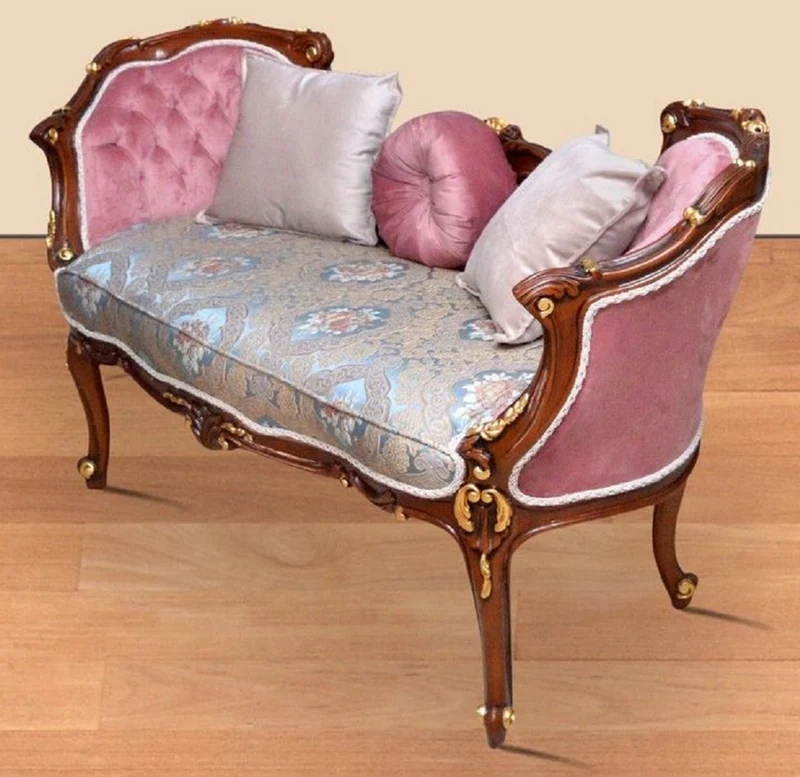 Casa Padrino Barock Sitzbank Mehrfarbig / Rosa / Braun / Gold 150 x 55 x H. 80 cm - Prunkvolle Massivholz Bank mit edlem Blumenmuster - Möbel im Barockstil