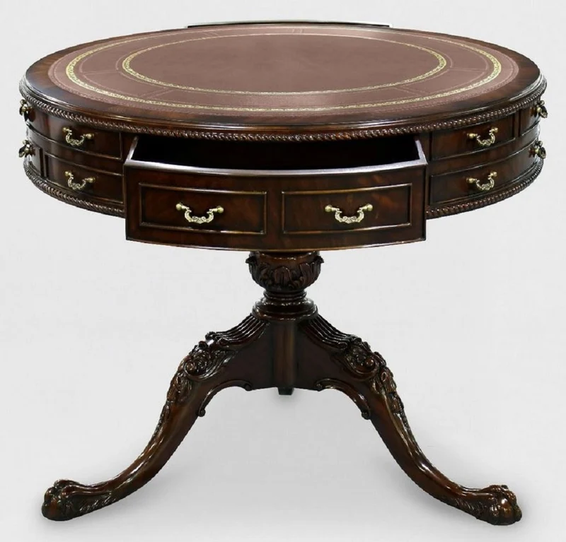 Casa Padrino Luxus Barock Beistelltisch Braun / Gold Ø 91 x H. 76 cm - Runder Mahagoni Tisch mit 14 Schubladen und Echtleder - Barock Mahagoni Möbel