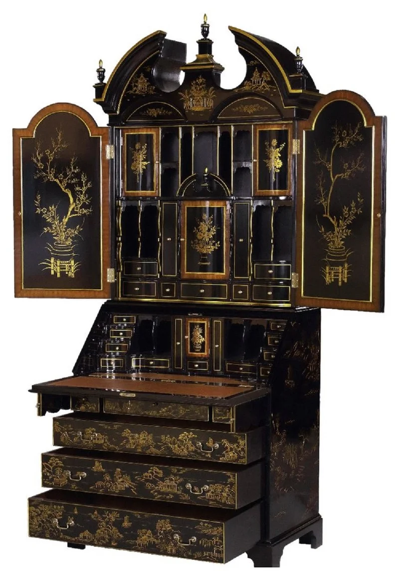 Casa Padrino Luxus Barock Sekretär Schreibtisch Schrank im chinesischen Stil Schwarz / Gold 104 x 58 x H. 238 cm - Prunkvoller Massivholz Büroschrank - Edle Barock Büromöbel