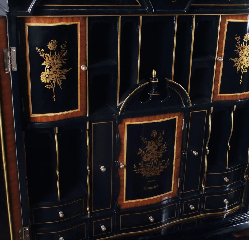 Casa Padrino Luxus Barock Sekretär Schreibtisch Schrank im chinesischen Stil Schwarz / Gold 104 x 58 x H. 238 cm - Prunkvoller Massivholz Büroschrank - Edle Barock Büromöbel